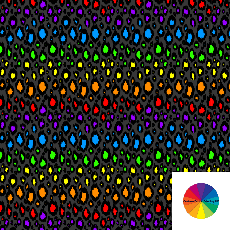 A bright rainbow design with a grey background.  The theme is leopard spots.