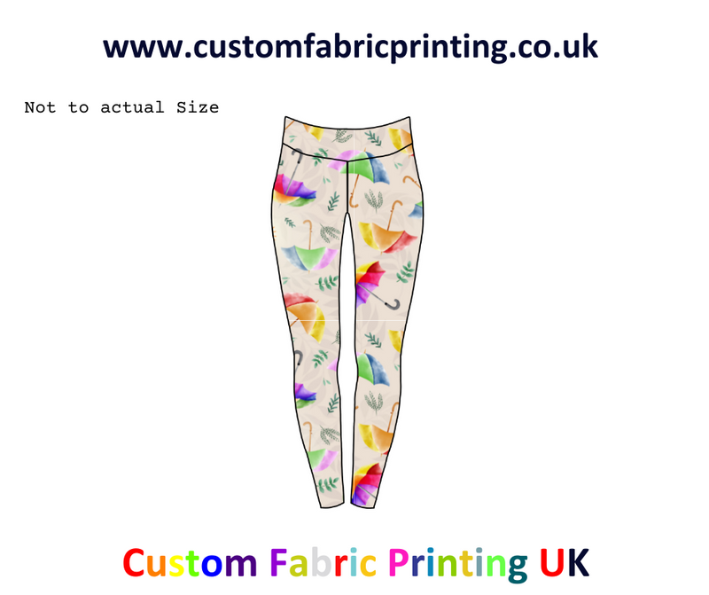 A mock up of leggings with Seamless design summer umbrellas by Little Pea Patterns