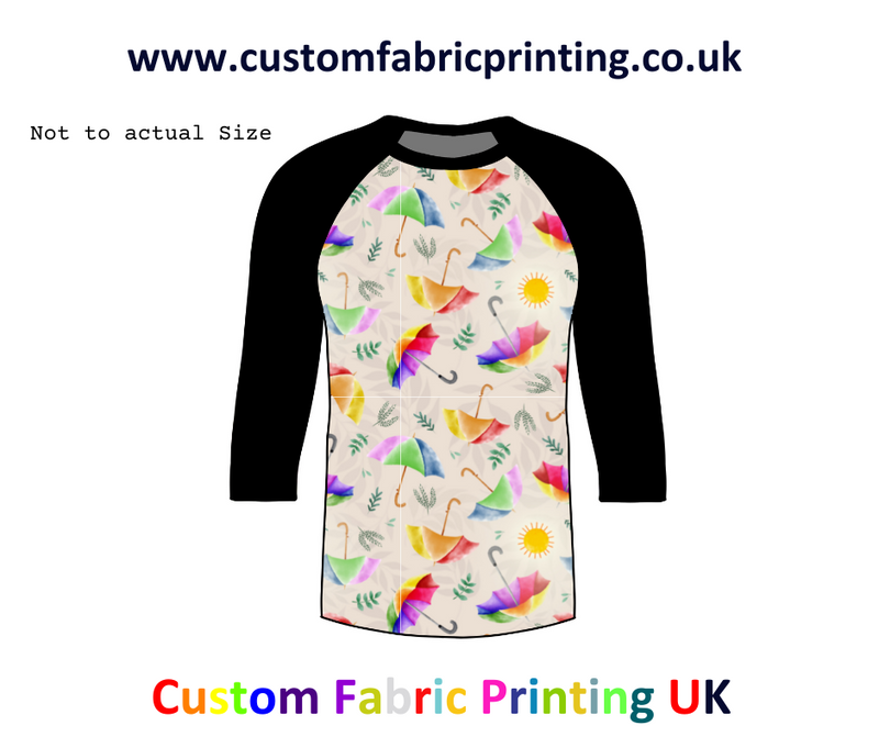A Mock up of a Raglan sweater with Summer umbrellas Seamless design by Little pea Patterns